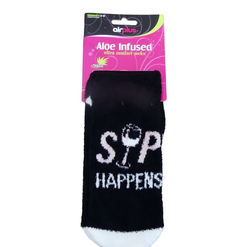Airplus Aloe Infused Socks Womens 5-11 Black New Sip Happens Wine Fuzzy Comfort